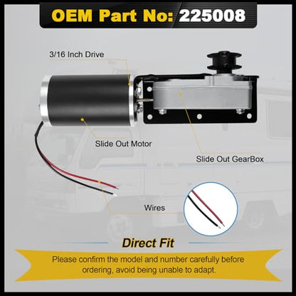 225008 RV Slide Out Motor & Gear Housing Compatible with BAL Accu-Slide Cable Slide Out System, with R25076 R25076-1 RV Slide Out Gear Box and R25075 High Torque Motor for Travel Trailer Camper | 12V