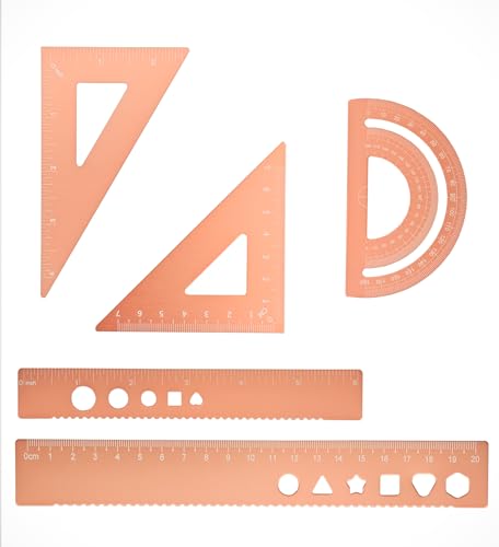5 Pcs Metal Geometry Set, Math Drafting Ruler Kit- Aluminum Triangle Rulers, Protractor, 8 Inch and 6 Inch Drawing Ruler, Measuring Tool for School and Office (Metric and Inch, Gold) - color: Gold