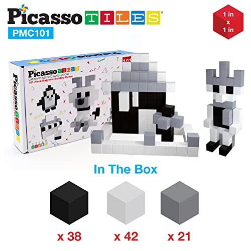 PicassoTiles 101pc Magnetic Puzzle Cube Set Black and White 1 Inch Construction Blocks STEM Educational Toy for Kids Age 3 Plus Sensory Learning Kit with Idea Book for Building and Creativity PMC101 - style: 101pc