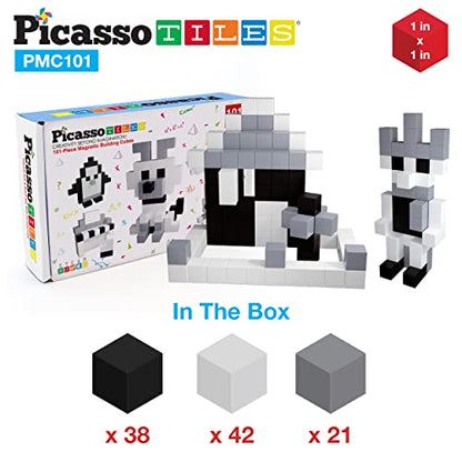PicassoTiles 101pc Magnetic Puzzle Cube Set Black and White 1 Inch Construction Blocks STEM Educational Toy for Kids Age 3 Plus Sensory Learning Kit with Idea Book for Building and Creativity PMC101 - style: 101pc