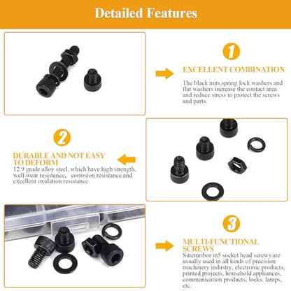 245 Pieces M5 Screws Nuts Washers Set Black, Sutemribor M5 x 6/8/10/12/16/20/25mm Hex Socket Head Cap Screws Nuts Washers Assortment Kit, 12.9 Grade Alloy Steel, Fully Threaded - size: M5, style: Socket Head