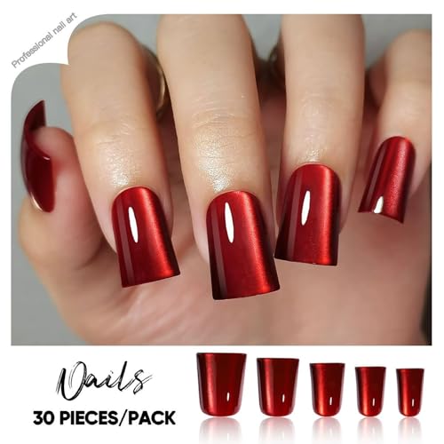 Red Press on Nails Medium Square Duck Mouth Fake Nails Cat's Eye False Nails Press Ons with Designs Glue on Nail Full Cover Reusable Acrylic Nail for Women 30Pcs - color: Style-A21