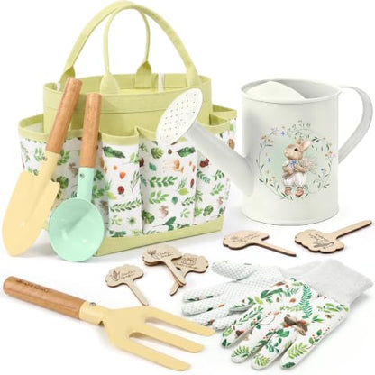 Kids Gardening Set Toys, 12PCS Garden Tool Kit for Kids and Toddlers with Tote Bag,Watering Can, Gloves, Shovel, Learning Outdoor Toys Gifts for Boys Girls Age 3-6 (Green) - color: green