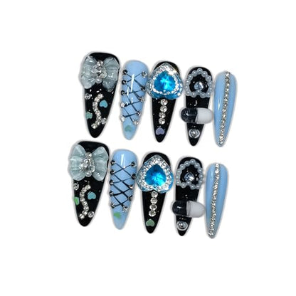 Gothic Blue Press on Nails with Tools Kit, 10pcs Long Stiletto Matte Black & Blue Nails, Blue Rhinestones, Bows & 3D Hand-Painted Art, Reusable & Easy Apply for Night Events (Size XS) - color: A129, size: XS
