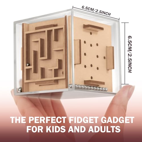Handheld Fidget Game for Kids and Adults - 6-Sided Wooden Puzzle Cube Fidget Toy for Anxiety Relief - Fun Maze Toys for Travel - 3D Brain Teaser Cube for Christmas Stocking Stuffers