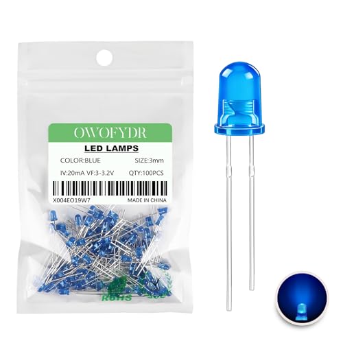 100-Pack 3mm Blue LED Diffused 2-Pin Through-Hole LEDs - color: BLUE, size: 3MM