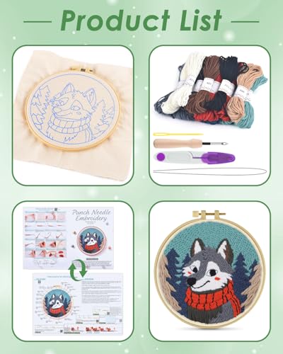 ERKOON Punch Needle Kit for Beginners Adults, DIY Easy Animal Embroidery Set for Starter Art Craft, Needling Punch Project with Patterns, Tools, Yarns, Hoop, Instruction (Wolf) - color: Wolf