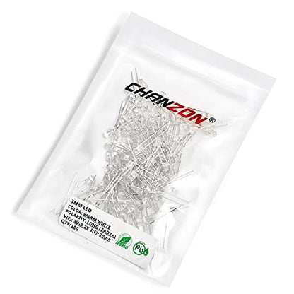 CHANZON 100 pcs 3mm Warm White LED Diode Lights(DC 3V 20mA) - color: K) Warm White, size: 3mm Round Top