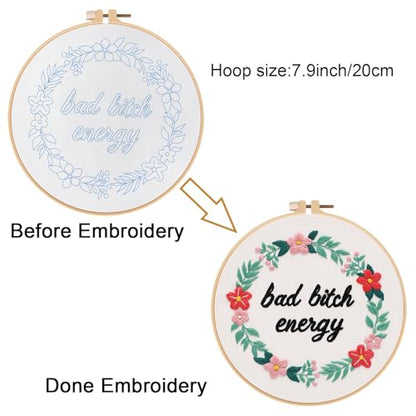 Louise Maelys Funny Quote Embroidery Kit for Beginners Floral Wreath DIY - color: Pattern 23