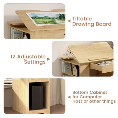 Drafting Table with Storage Cabinet & Drawers, Adjustable Drawing Table with Open Shelves, Craft Art Desk for Artists, Painters, Drawing, Crafting, Reading, Writing, Working - color: Natural Oak