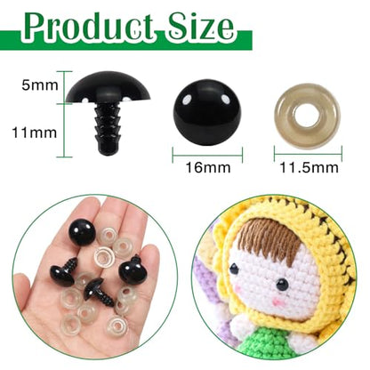 TOAOB 150pcs 16mm Black Plastic Safety Eyes Crafts Safety Eyes with 150pcs Washers for Stuffed Animals Amigurumis Crochet Doll Making - size: 16mm