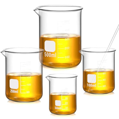 Jetec 5 Pieces Glass Beaker Set Lab Beaker with Stirring Rod, 4 Sizes of 50/100/250/500 ml Thick Borosilicate Glass Beakers for Back to School Science Lab Chemistry Supplies