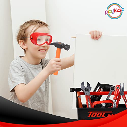 Playkidz Tool Box for Kids 22-Piece Boys & Girls Construction Toy Playset w/ Carry Chest, Working Push Button Power Drill, Hammer, Screwdriver, Wrench, Pliers, Saw & Other Realistic Tools Ages 3+