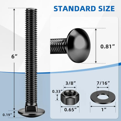Mellewell 3/8-16 x 6 Carriage Bolt Kit, Carriage Bolts with Nuts and Washers, Round Head Square Neck, 304 Stainless Steel, Full Thread, Black Finish, 4 Sets - color: Black, size: 3/8-16 x 6"
