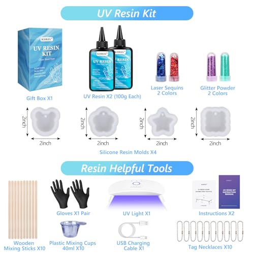 KISREL 200g UV Resin Kit with Light and Molds, 8 LED Beads Resin Kit - size: UV200g+8Lamp Beads