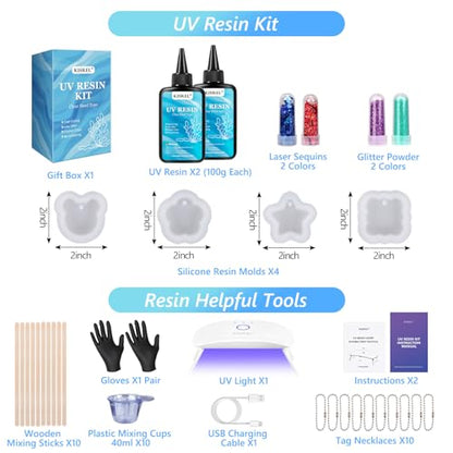 KISREL 200g UV Resin Kit with Light and Molds, 8 LED Beads Resin Kit - size: UV200g+8Lamp Beads