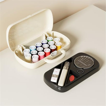 FKOG Sewing Project Kit, 151 Pcs Family Sewing Supplies Repair Organizer with Portable Retro Hard-Shell Case, 16 Multicolor Thread Spools, Needles, Buttons, and Accessories (Creamy White) - style: Creamy white