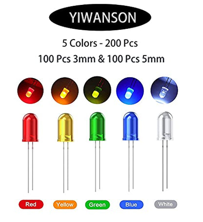 YIWANSON 200 Pcs LED Diodes 3mm 5mm Clear Light Emitting Bulbs - Red, Green, Blue, Yellow, White for Science Experiment, Circuit, Christmas Lights