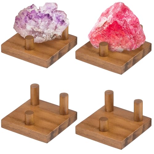DoubleFill 4 Packs Wood Rock Display Stand 2 Inch Walnut Rock Stands for Display Small Three Peg Wooden Crystal Holder Geode Easel Pedestal for Coral Mineral Agate Small Collectibles