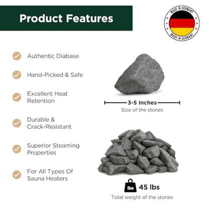 Northwood Sauna - Sauna Stones - Authentic Diabase Sauna Heater Rocks from Germany - Superior Heat & Steam - 3-5 Inches (8-12 cm), 45 Pounds (20 kg) - size: 45 lbs (3-5 in)