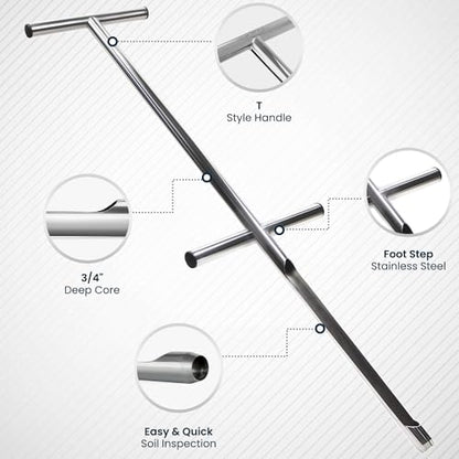 Varomorus Soil Sampler Probe 36" Stainless Steel Tubular T-Style Handle with Footsteps. - size: 36in