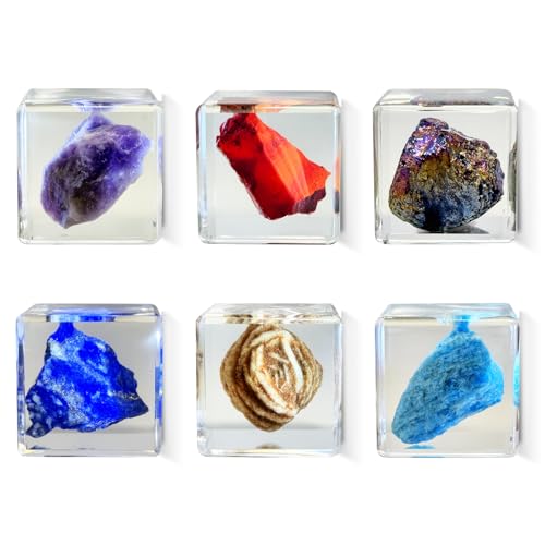 Crystal Specimen in Resin Cube - 6 Minerals Amethyst Lapis Lazuli for Geology Classroom STEM Education Healing Crystals Collection Display Gift 1.38×1.38×1.38inch