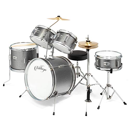 Ashthorpe 5-Piece Complete Kids Drum Set with Genuine Brass Cymbals - Junior Beginner Kit with 16" Bass, Throne, Hi-Hats, Pedals & Drumsticks - Silver - color: Silver