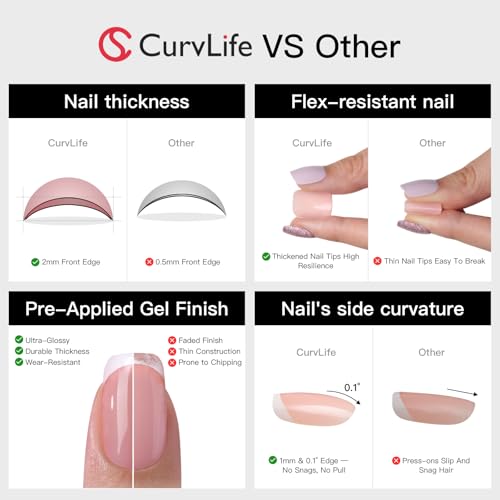 CurvLife Short Square Ombre Press On Nails, Soft Blush Pink, Soft Gel - color: Beige White Pink