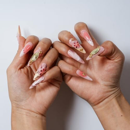Handmade Press on Nails Long Stiletto - Virgin Mary 3D Gold Charm Pink Ombre Lily Flower Fake Nails, Reusable Acrylic Nail Art Kit for Women, 10Pcs (Blush Gilded Gold,M) - color: Blush Gilded Gold, size: M