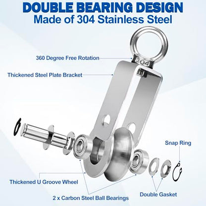 Cable Pulley Wheel Stainless Steel, 4 Pack M34 Single Pulley Snatch Block, Heavy Duty Lifting Crane Swivel Hook, Bearing Inside Rope Pulleys for Lifting System Gym Equipment Clothesline, 551 lbs Load - size: M34 - 4 Pack