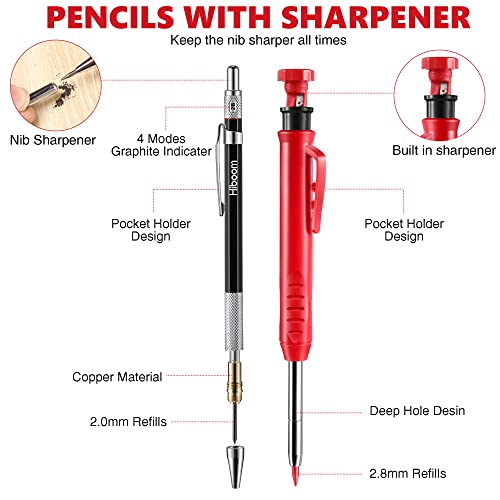 Hiboom 10 Pack Mechanical Carpenter Pencils Set with Sharpener & 36PCs 2.8mm Refills, Deep Hole Marker Pen, Automatic Center Punch, Carbide Scribe Tool, Heavy Duty Construction Pencil for Architect