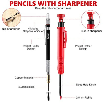 Hiboom 10 Pack Mechanical Carpenter Pencils Set with Sharpener & 36PCs 2.8mm Refills, Deep Hole Marker Pen, Automatic Center Punch, Carbide Scribe Tool, Heavy Duty Construction Pencil for Architect