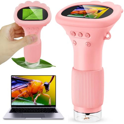 Kids Magnifying Glass, 2.0 Inch Digital Screen Mini Pocket Microscope for Bug - 200x Zoom Handheld Microscope with Adjustable Lights, Edu Birthday Gifts for Age 3-12 Girls - color: Pink