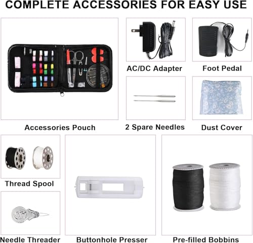 Sewing Machine for Beginners & Kids, Mini Portable Sewing Machines with 12 Built-in Stitch Patterns, 2-Speed Foot Pedal, Perfect for Teaching Daughter to Sew(with 27 Pieces Sewing Kit & Cover)