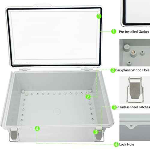 Zulkit Junction Box ABS Plastic Dustproof Waterproof IP67 Electrical Boxes Hinged Shell Outdoor Universal Project Enclosure Grey Clear Cover, Stainless Steel Buckles (13.8 x 9.8 x 5.9 Inch - size: 13.8"x9.8"x5.9" TC k