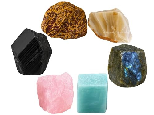 Amazing Gemstone Crystals for Mood Lifting Manifestation, Set of 6 Labradorite, Amazonite, Mariyam Jasper, Rose Quartz, Black Tourmaline and Lace Agate Healing Crystals and Stones - color: Mood Lifting
