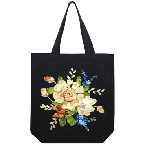 Canvas Tote Bag Silk Ribbon Embroidery Kit for Beginners Arts DIY Crafts Starter Kit Include Stamped Bag Threads Hoop - color: Color #3, Black Bag