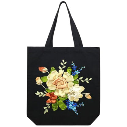 Canvas Tote Bag Silk Ribbon Embroidery Kit for Beginners Arts DIY Crafts Starter Kit Include Stamped Bag Threads Hoop - color: Color #3, Black Bag