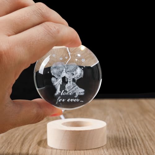 3D Engraved Couple Lover Crystal Ball, 2.4in 60mm Color‑Changing LED Night Light with Wooden Base, K9 Crystal Sphere, Romantic Gift for Her Him Anniversary Valentine’s Day - color: Clear-loving Couple
