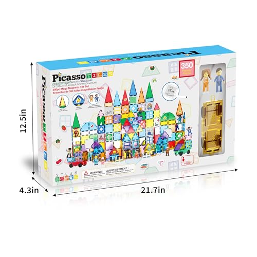 PicassoTiles Mega Magnetic Building Block 350 Piece Set Magnet Tile Construction Blocks with Car Base, Character Figures, Markers, Whiteboard, 110+ Page Ideabook Included for Ages 3 Up STEM Learning - color: 350 Pcs With Car and Figures