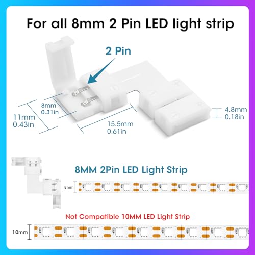 WENHSIN 10Packs 2-Pin L Shape RGB LED Light Strip Connectors 8mm Unwired Gapless Solderless Adapter Terminal Extension - size: 8MM-2PIN-L