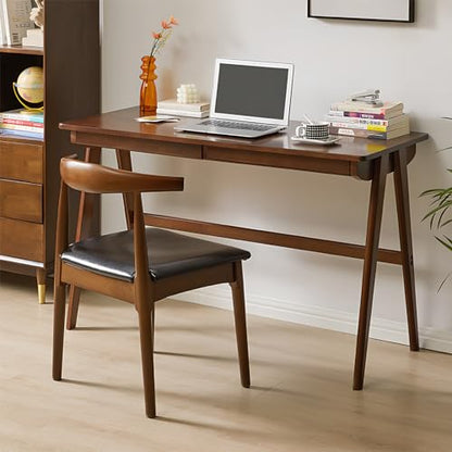 Computer Desk with Drawers, Solid Wood Writing Desk, Mid Century Modern Home Office Desks, Oak Study Table, Small Desk for Bedroom, 29.1 H x 39.4 W x 21.7 D Inches, Walnut - color: Walnut