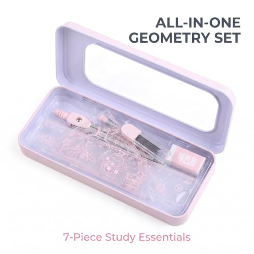 7Pcs Pink Compass Protractor Set with Portable Box Geometry Drafting Tools Set Multi-Purpose Math Drawing Rulers for Boy Girl Drafting Tools and Drafting Kits