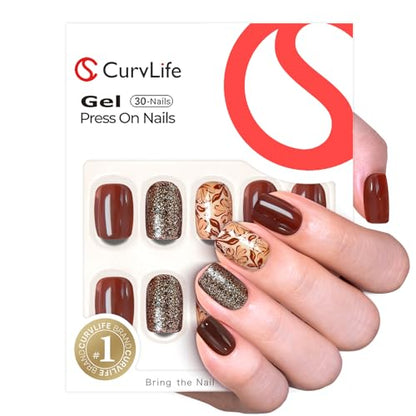 CurvLife Short Square Glitter Fall Press On Nails, Golden Floral, Soft Gel - color: Brown Floral and Glitter