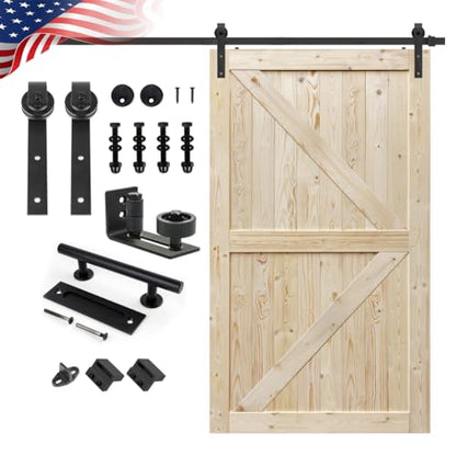 S&Z TOPHAND® 48in x 84in Unfinished British Brace Knotty Barn Door with Sliding Hardware Kit/Solid Wood/Sliding Door/Double Surfaces/A Simple Assembly is Required - size: 48x84in