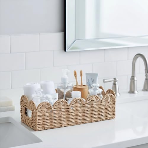 Natural Scalloped Basket, Toilet Tank Tray, Back of Toilet - color: Khaki