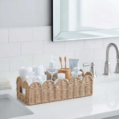 Natural Scalloped Basket, Toilet Tank Tray, Back of Toilet - color: Khaki