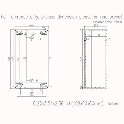 Junction Box, Zulkit Project Box IP65 Waterproof Outdoor Box ABS Plastic Electrical Boxes Electronic Enclosure Black 6.22 x 3.54 x 2.36 inch (158 x 90 x 60mm) - size: 6.22'' x 3.54'' x 2.36''(Pack of 1)