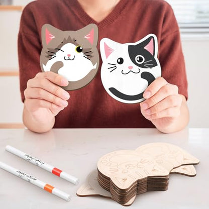 Patelai 24 Pcs Cat Coasters Craft Set Wooden DIY Coasters Painting Kit with Markers Unfinished Cat Slices Make Your Own Wood Ornament Gift for Adults Handmade Holiday Decor Supplies - style: Cat
