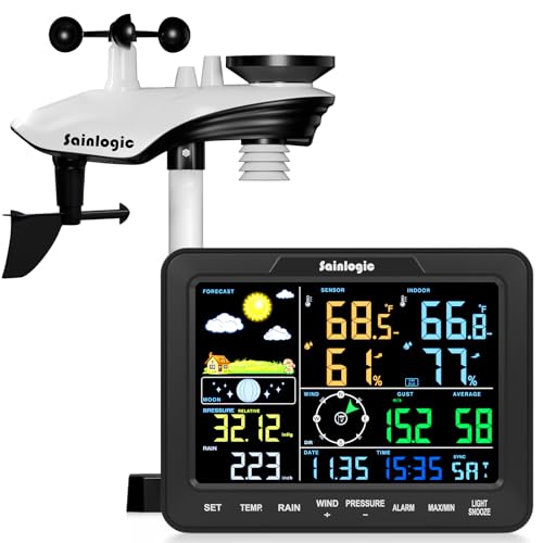 Sainlogic 12-in-1 Weather Stations Wireless Indoor Outdoor, Weather Station with Rain Gauge, Wind Speed/Direction, Outdoor Dew Point, Air Pressure, Barometer,Temperature/Humidity (No WiFi)